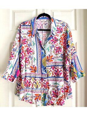 size 1X Cynthia Rowley Multicolor Floral Print Button-Down Shirt 3/4 Sleeves 100